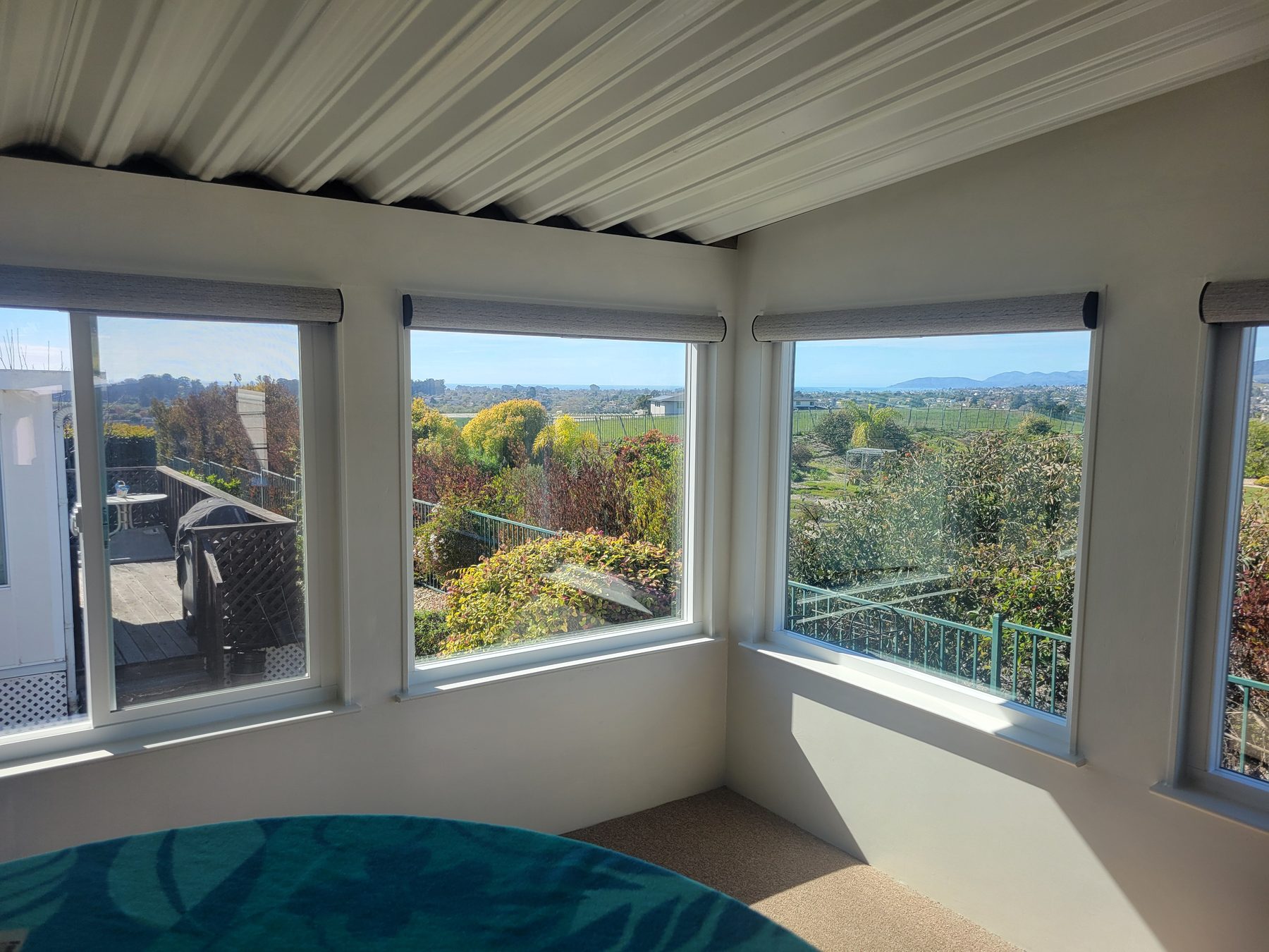 Roller shades on solar fabric. The glare goes, the view stays.