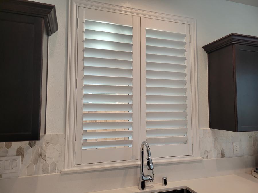 The same kitchen, louvers open