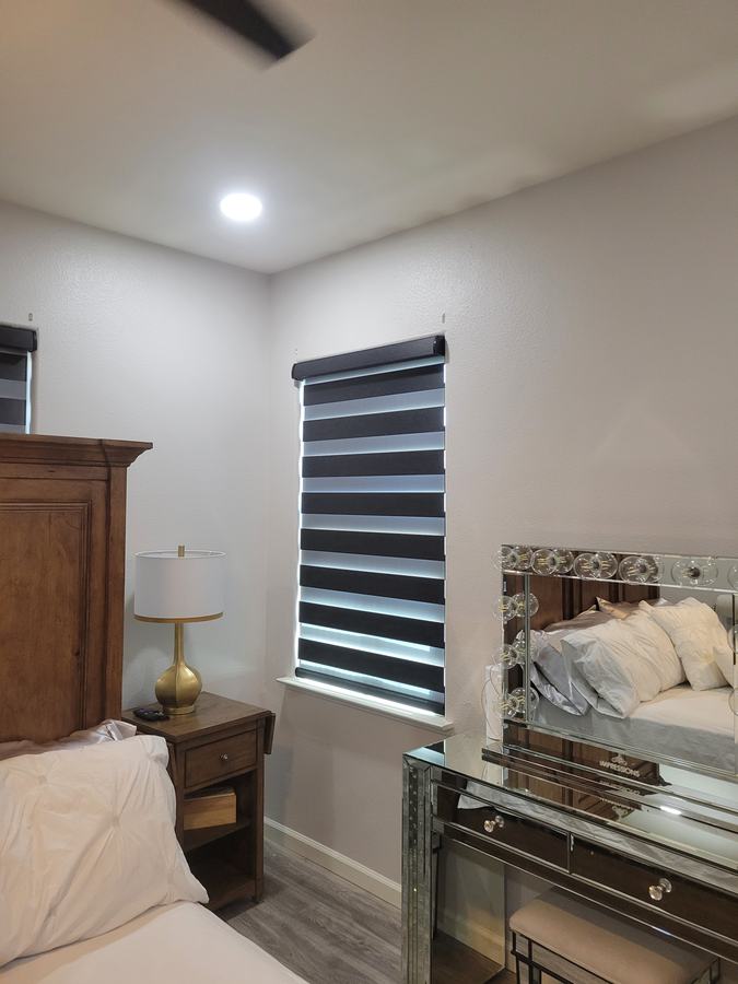 A zebra shade in a bedroom