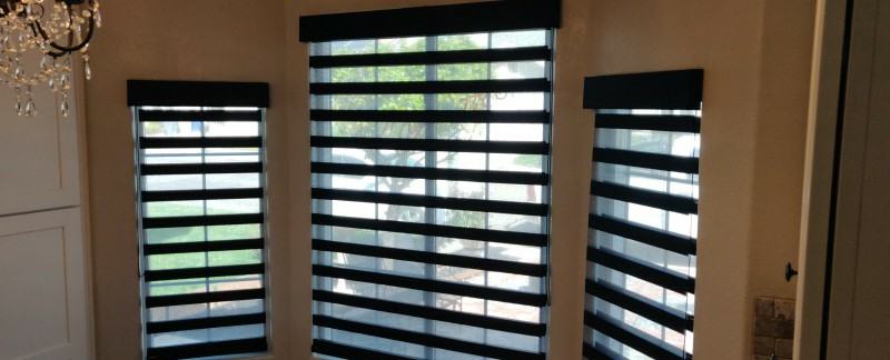 Black zebra shades in a kitchen bay