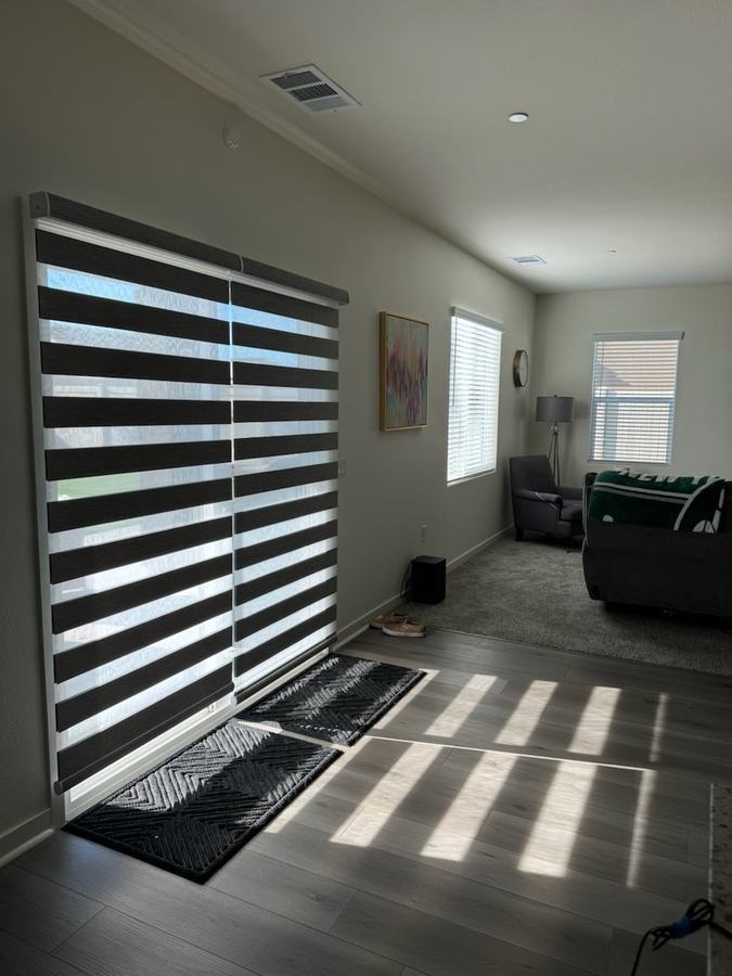 A zebra shade across a bedroom slider